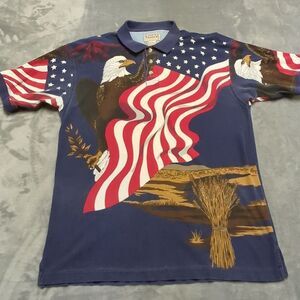 Vintage‎ Cotton Traders Polo Shirt All Over Print Double Sided America Eagle USA